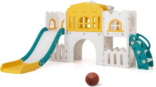 Vista 12 de Costzon Juego de tobogán infantil 8 en 1, tobogán independiente para niños con túnel, aro de baloncesto, juego de tobogán escalador para niños de 1