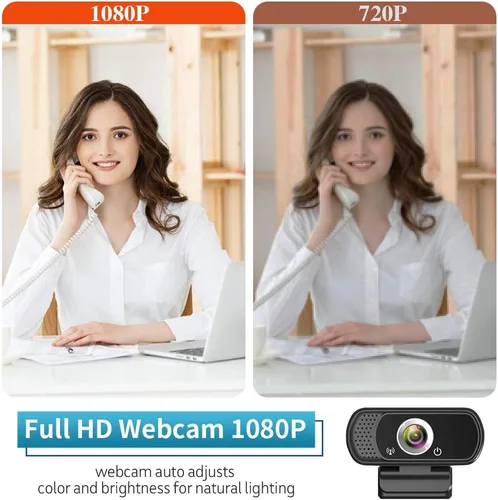 Vista 5 de Cámara web 1080P con micrófono, cámara web HD con soporte para trípode, corrección de luz automática, cubierta de privacidad, 110° FOV, cámara USB
