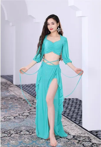 Vista 2 de Disfraces de danza del vientre para mujer, camiseta corta y falda de baile con abertura, carnaval, Halloween, trajes de danza del vientre, tallas S-L