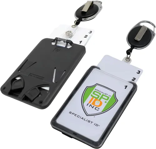 Vista 11 de Portatarjetas de tres tarjetas de plástico rígido con carrete retráctil - Cordón retráctil con clip para cinturón y mosquetón - Soporte vertical