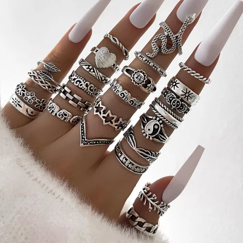 Vista 3 de Juego de anillos góticos para nudillos para mujer, anillos apilables negros y plateados, vintage para articulación de serpiente, estilo bohemio
