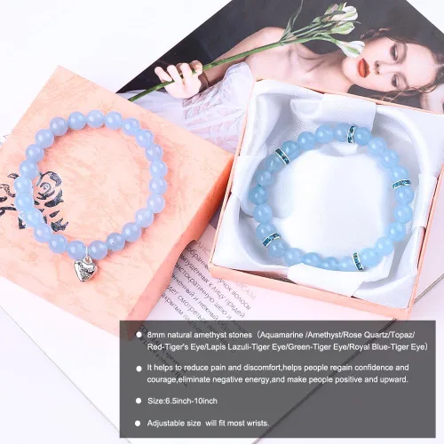 Vista 3 de 2 pulseras de cuentas naturales para mujer, gemas semipreciosas, pulseras de cristal curativo de 0.315 in con tarjetas, pulsera elástica ajustable