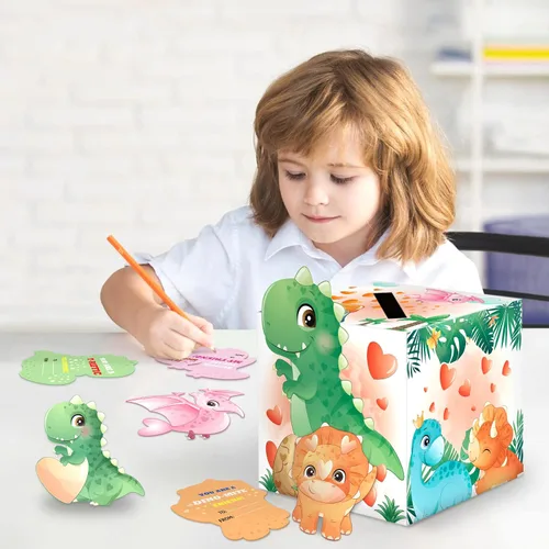 Vista 5 de algtpy - Caja de San Valentín con 36 tarjetas de dinosaurio de San Valentín para aula, escuela, buzón de San Valentín para intercambio, tarjetas