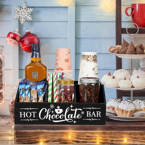 Vista 4 de Barydat Barra de Chocolate Caliente Navideño Estación de Café de Madera Organizador de Encimera con 4 Compartimentos Barra de Café Soporte Negro