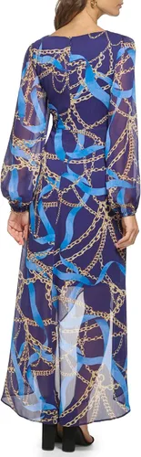 Vista 3 de GUESS Vestido largo de gasa con estampado de bufanda de manga larga para mujer