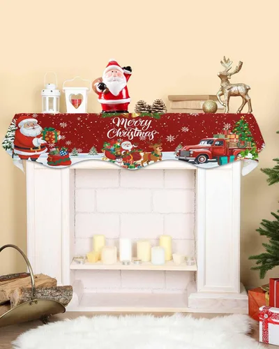 Vista 2 de Bufanda roja de Navidad, decoración de chimenea para sala de estar, copo de nieve de Papá Noel, árbol de Navidad, chimenea, mantel de invierno