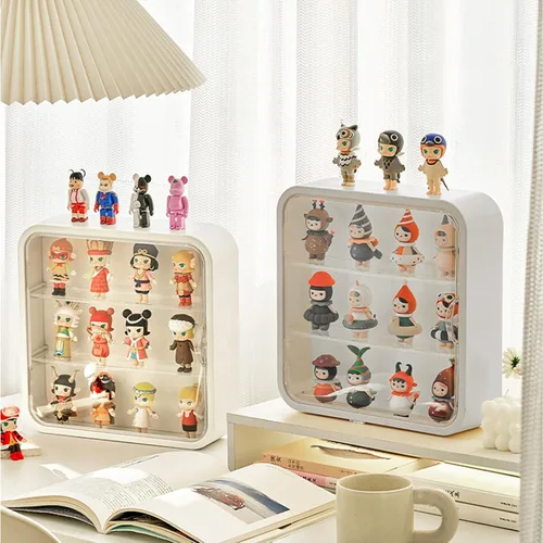Vista 9 de Vitrina en miniatura para figuras coleccionables, caja transparente con estantes, organizador de plástico montado en la pared o en el escritorio