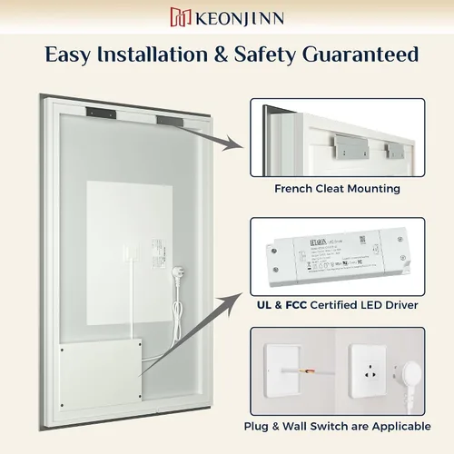 Vista 7 de Keonjinn - Espejo de 48x30 pulg retroiluminado LED para baño/tocador, luz de 3 colores ajustables blanca/cálida/natural, lúmenes altos, montaje