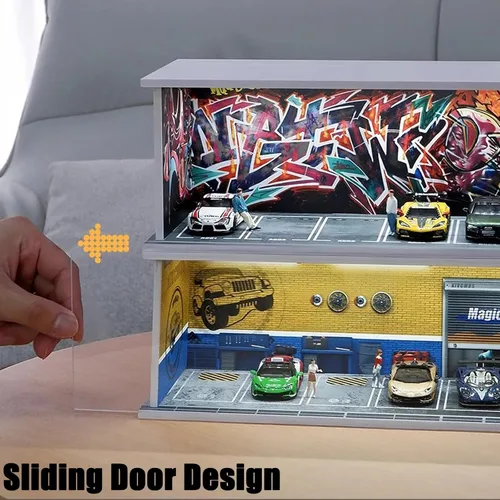 Vista 3 de Vitrina para rueda caliente con luz LED, apilable, mega almacenamiento de garaje para caja de cerillas 1:64 y coches fundidos a presión, diorama