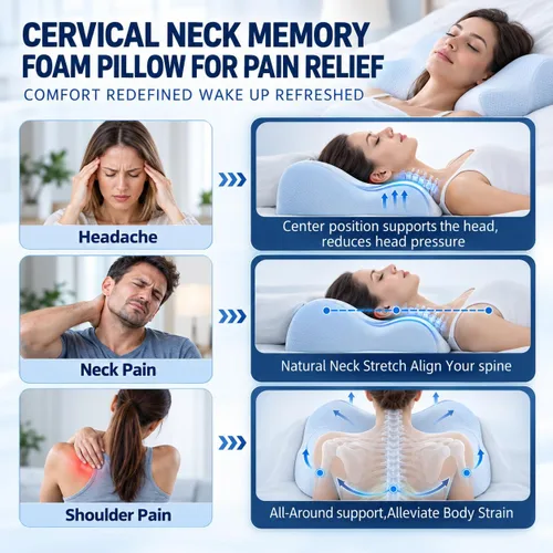 Vista 8 de Almohada cervical para el cuello – Almohadas de espuma viscoelástica para aliviar el dolor y dormir con funda de almohada refrescante, almohada Azul