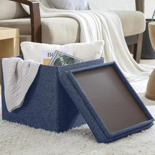 Vista 8 de Ornavo Home Taburete otomano de almacenamiento cuadrado de lino, plegable, con cubo, reposapiés, con tapa de mesa, mesa auxiliar, otomana, 15 x 15 x