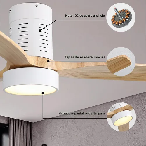 Vista 6 de Sofucor Ventiladores de techo de 52 pulgadas con luces y control remoto, moderno ventilador de techo de madera de perfil bajo, regulable LED, motor