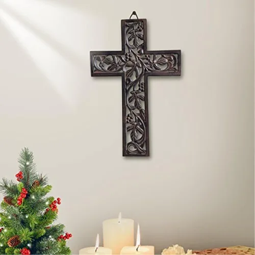 Vista 2 de ALTAR INDYA - Cruz de madera hecha a mano para colgar en la pared, diseño antiguo, altar religioso