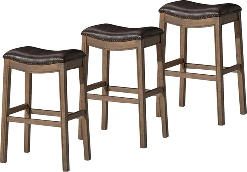 Vista 19 de Maven Lane Adrien Taburete de bar sin espalda, juego de 2, asiento de silla de montar de 31 pulgadas con reposapiés, marco de madera maciza marrón