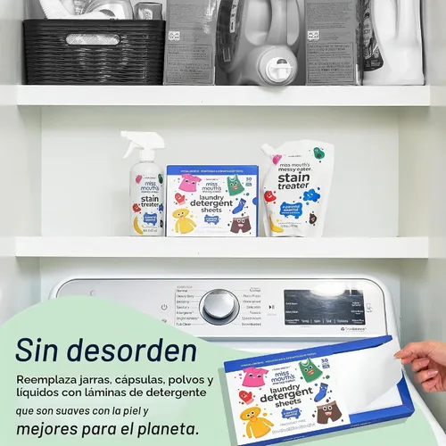 Vista 3 de Miss Mouth's Messy Eater Hojas de Detergente para Lavandería - 60 Cargas Hojas de Detergente Amigables para Viajes - Hipoalergénicas, Seguras