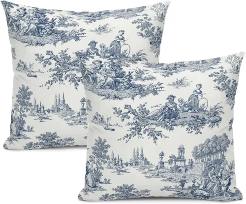 Vista 10 de Blue Toile - Juego de 2 fundas de almohada estilo rústico francés, fundas de almohada vintage de 18 x 18 pulgadas, para sofá, sala de estar