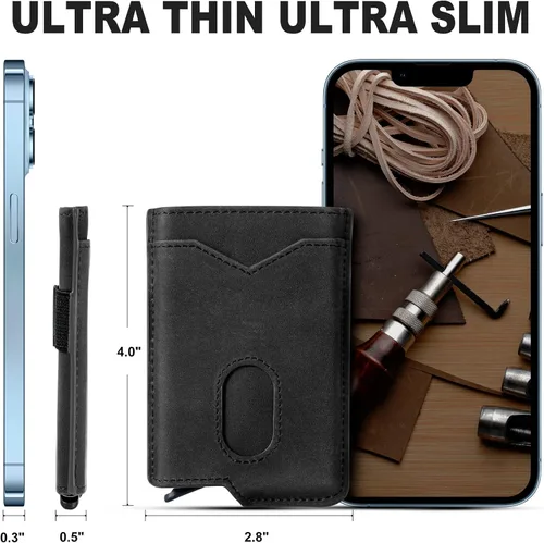 Vista 6 de GSOIAX Cartera delgada para hombre, piel auténtica, piel vacuna minimalista con bloqueo RFID y caja de regalo, Negro -, Slim
