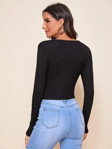 Vista 2 de Floerns Camiseta básica de manga larga con cuello cuadrado y lazo frontal para mujer