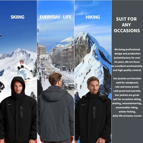 Vista 6 de Chaqueta de esquí para hombre, impermeable, con forro polar cálido, forro de nieve, para montaña, con capucha, resistente al viento, chubasquero
