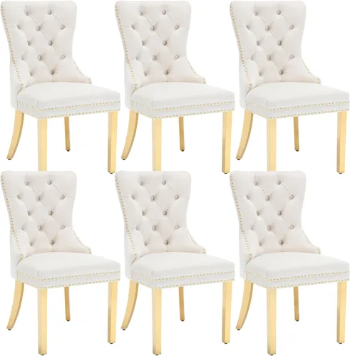 Vista 23 de KCC Juego de 2 sillas de comedor de terciopelo, sillas modernas copetudas Patas de acero inoxidable beige++ plata