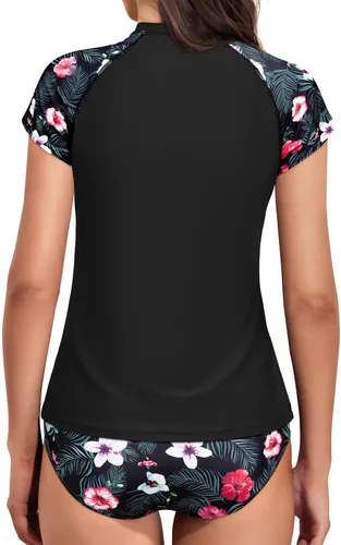 Vista 5 de Holipick Traje de baño de dos piezas de manga corta de manga corta Rash Guard Cap traje de baño con cremallera traje de baño Bulid in Bra Swim Shirt