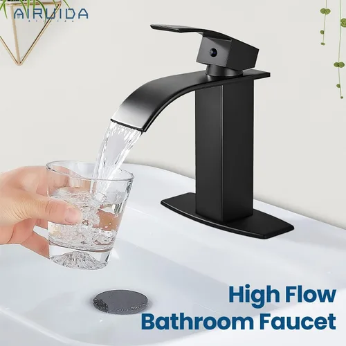 Vista 9 de Airuida Grifo de baño de cascada negro mate, grifo de lavabo de baño de un solo agujero, grifo de lavabo de lavabo de autocaravana, grifo mezclador