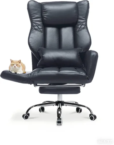Vista 8 de Silla de oficina ejecutiva de respaldo alto con reposapiés, piel sintética reclinable, soporte lumbar, estilo entrecruzado, reclinación de 155° Beige
