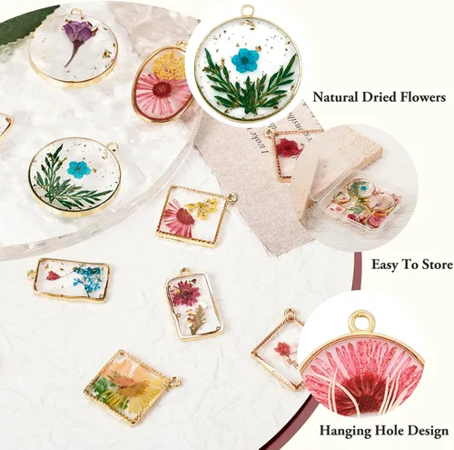 Vista 5 de Dijes de resina de flores secas, corazón redondo, lágrima, rombo, rectángulo, resina epoxi, aretes para manualidades, collares, pulseras