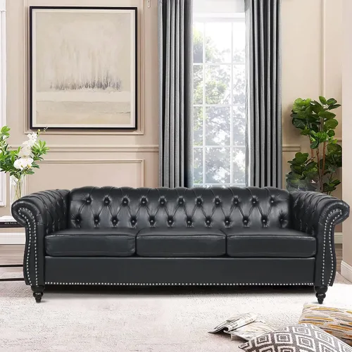 Vista 18 de LEVNARY Sillón Tapizado en Cuero, Silla Sofá Individual Estilo Mediados de Siglo Moderno con Brazos Curvos y Tachuelas, Silla Chesterfield de Cuero