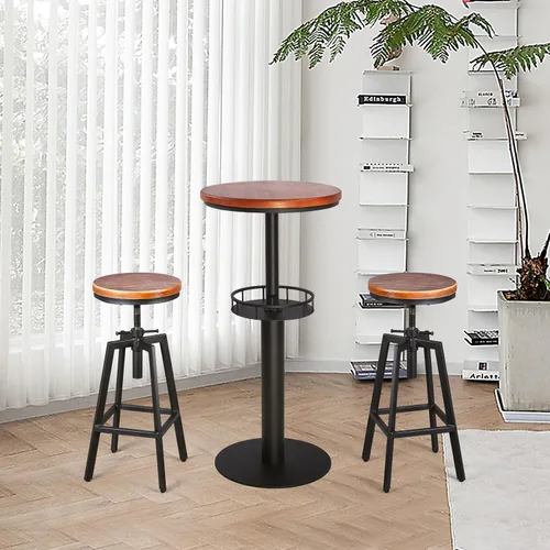Vista 6 de Juego de 2 taburetes de bar vintage de 25.6 a 31.5 pulgadas de altura ajustable, taburete de comedor giratorio de madera, asiento de cocina, isla