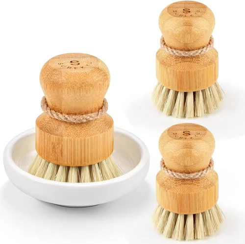 Vista 10 de SUBEKYU - Juego de cepillos de bambú para platos de cocina, juego de estropajos de limpieza de madera para lavar sartenes/ollas de hierro fundido