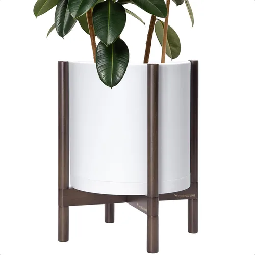 Vista 29 de Maceta de D'vine Dev con soporte - Maceta de flores de cilindro de plástico de 8.0 pulgadas con soporte de madera para interiores, maceta mate negra