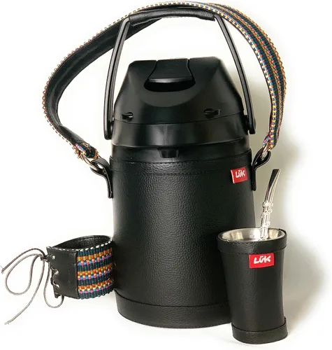 Vista 2 de Airpot 2,5 litros Luk Termos, termo acero inoxidable para café, mate tereré Set Frio caliente Mate Terere modelo Negro faja artesanal+ vaso guampa