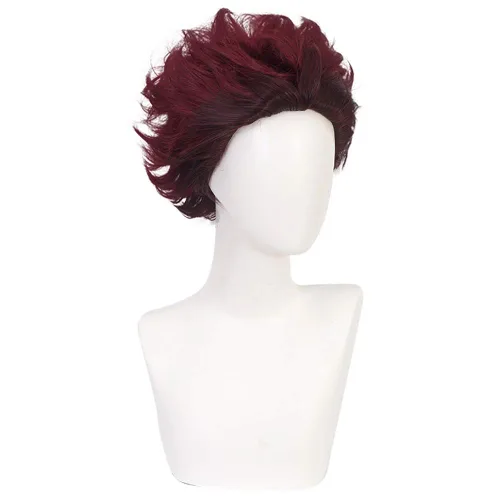 Vista 2 de Qiancoshair Kamado Tanjirou - Peluca de cosplay Demon Slayer Kimetsu No Yaiba sintética color rojo vino corto para hombre (Kamado Tanjirou)