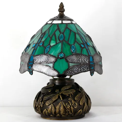Vista 2 de Lámpara de mesa pequeña Tiffany W8H11 pulgadas Tiffany verde libélula estilo de la lámpara de vidrieras de bronce tipo hongo base de resina mini