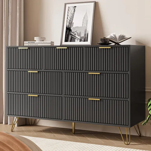 Vista 12 de MAISONARIA Cómoda negra de 3 cajones para dormitorio, cómoda moderna de armario, cómoda acanalada con asas de metal dorado, mesita de noche