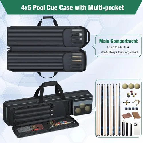 Vista 3 de Estuche para Taco de Billar 4x5, Funda de Transporte para Taco de Billar Suave Acolchada Bolsa para Palos de Billar con Múltiples Bolsillos para 4