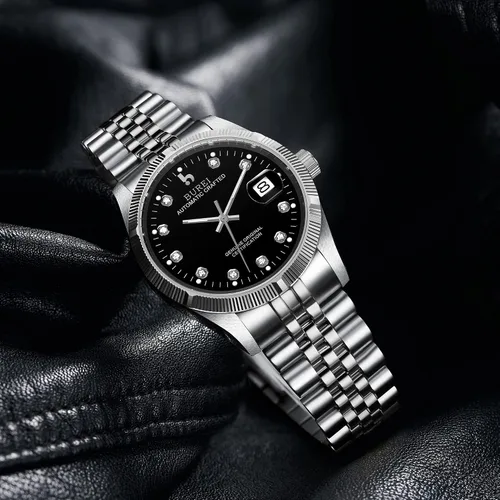 Vista 2 de BUREI Reloj automático de lujo para hombre, de acero inoxidable, dos tonos, con cuerda automática, Reloj automático, movimiento de cuarzo, cuerda