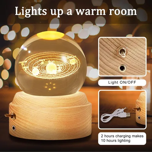 Vista 2 de Caja de música LED con forma de bola de cristal con sistema solar, el mejor regalo de decoración para padre, papá, marido, hombres, novio, novia