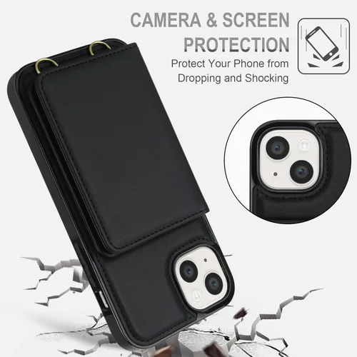 Vista 6 de Funda de teléfono para iPhone 13 Mini de 5.4 pulgadas con protector de pantalla de vidrio templado, correa de muñeca con bloqueo RFID, tarjetero