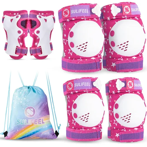 Vista 13 de Rodilleras de arcoíris y unicornio para niños, coderas, muñequeras con bolsa de cordón, juego de equipo de protección ajustable para niñas, patinaje