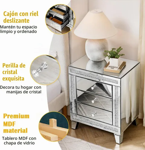 Vista 5 de Henf Mesita de noche plateada con espejo totalmente montada con 3 cajones, mesa auxiliar de espejo con perilla de cristal, mesa auxiliar