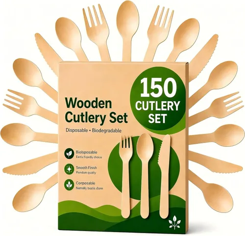 Vista 8 de Juego de 150 tenedores de madera desechables, alternativos a los tenedores de plástico y bambú, ecológicos, biodegradables y compostables, juego