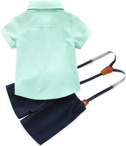 Vista 2 de Juego de 2 piezas de ropa de bebé de algodón para caballero, camisa de manga corta + corbatín + tirantes cortos