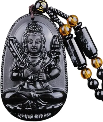 Vista 8 de Collar de Buda, collar de obsidiana negra para mujer, dije de Buda de buena suerte, cadena larga de cuentas que imita el budismo de jade, joyería