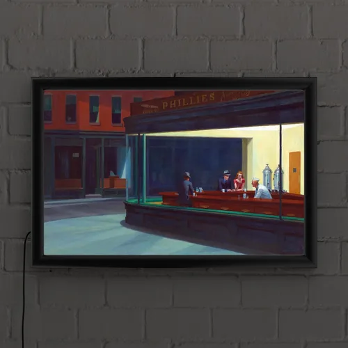 Vista 4 de Trademark Fine Art Edward Hopper 'Nighthawks' - Caja de luz LED retroiluminada con marco de metal, lista para colgar con cubierta acrílica