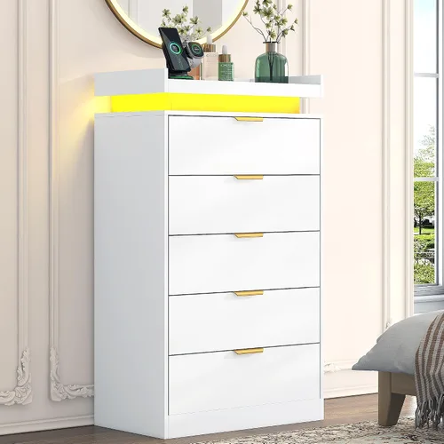 Vista 17 de UNIQUITE Cómoda negra con luces LED y toma de corriente, cómoda alta de madera con 4 cajones para dormitorio, cómoda moderna para dormitorio