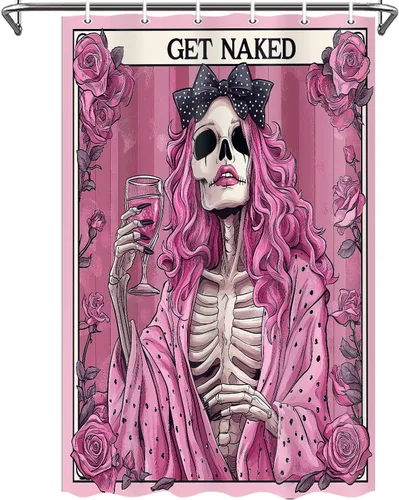 Vista 13 de Divertida cortina de ducha de esqueleto de calavera rosa, para Halloween, gótica, rosa, rojo, rosa, floral, vino tinto, terror, terror, cortina