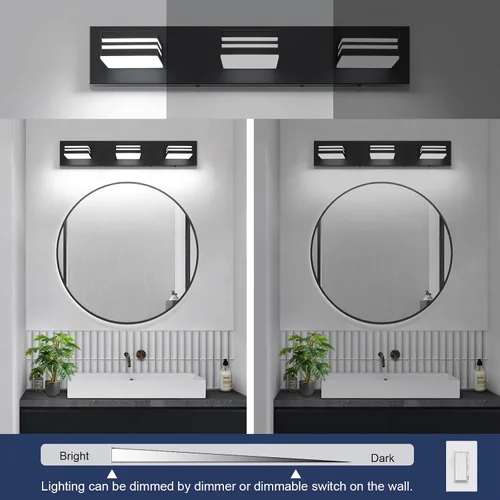 Vista 3 de Moderna lámpara LED para tocador de baño (3 luces, 24 pulgadas) (5CCT, regulable), negro mate moderno para pared de baño