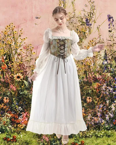 Vista 3 de NSPSTT Vestido renacentista blanco para mujer, disfraz medieval victoriano
